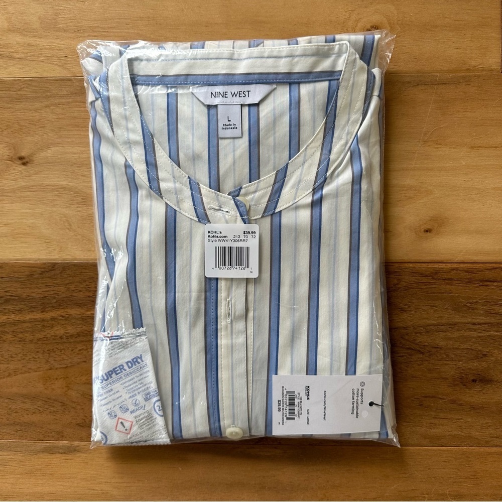Brand New Women's Nine West Long Sleeve Blue & White Belted Dress, Size L, NWT - Picture 6 of 6